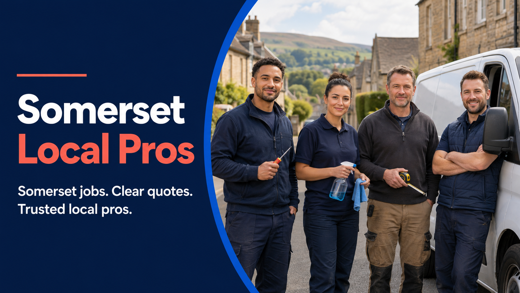 A diverse team of trusted Somerset Local Pros beside a work van